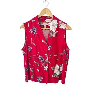Caribbean Joe Red Floral Pattern Collared Button Down Sleeveless Blouse